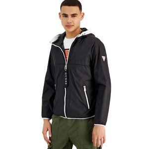Guess Jacket Mens Large Black Hooded Windbreaker Rain Coat Full Zip Front